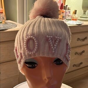 Pink Knit Beanie with Pearl Embellishments and sshimmer gold threads